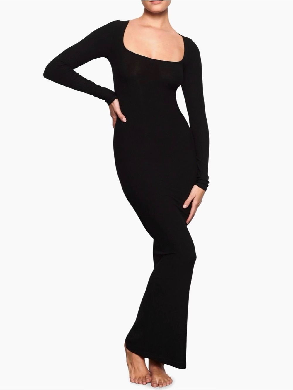 NWT SKIMS Black Soft Lounge Long-Sleeve Square Neck Bodycon Maxi Dress. Size M.